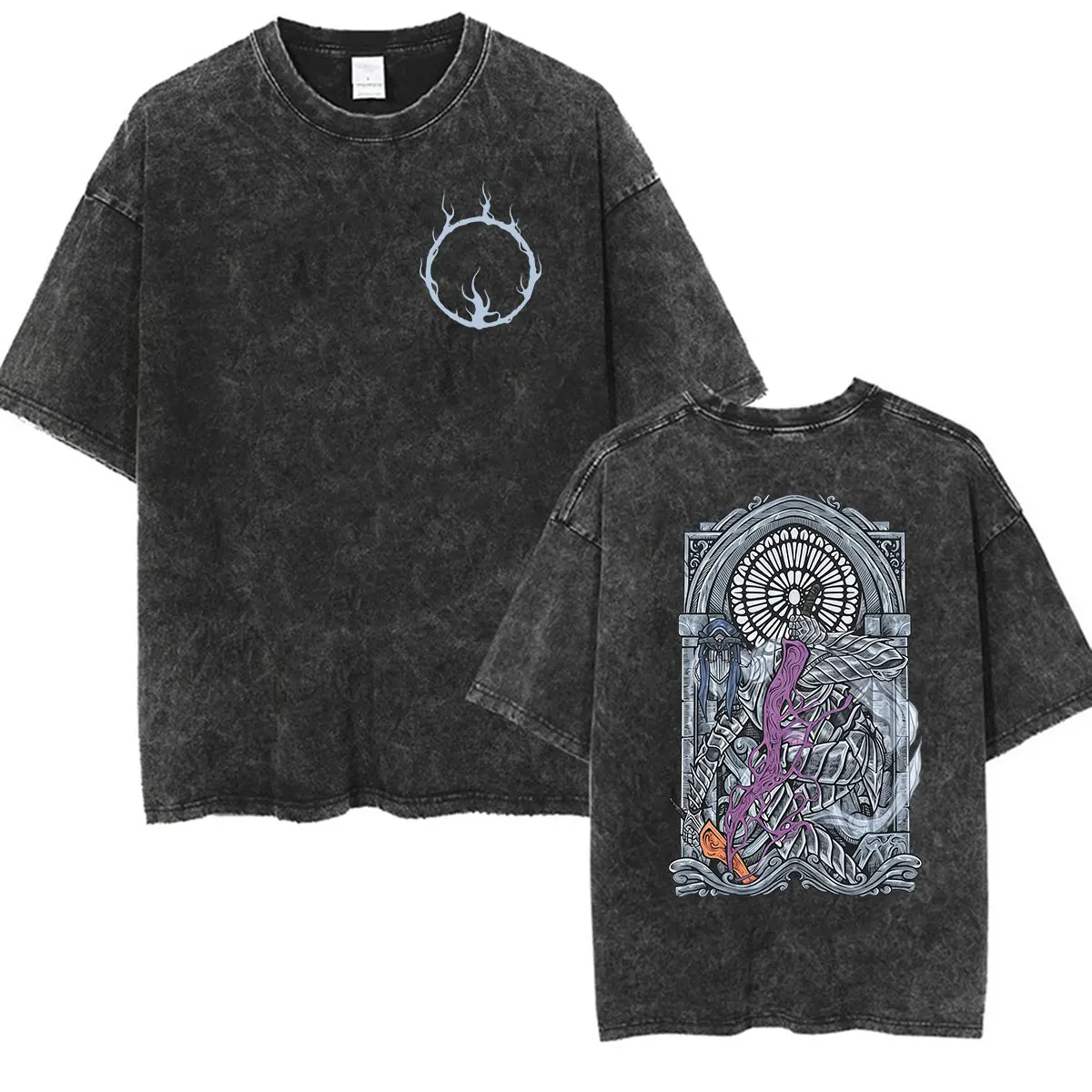 Game Dark Souls Sister Friede and Father Ariandel Retro Washed T Shirts Men's Classic Gothic Oversized Cotton T-shirt Streetwear