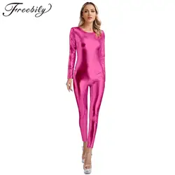 Womens Metallic Shiny Unitard Dancewear Long Sleeve Slim Fit Full Body Bodysuit Gymnastics Jumpsuit Clubwear Festival Costumes