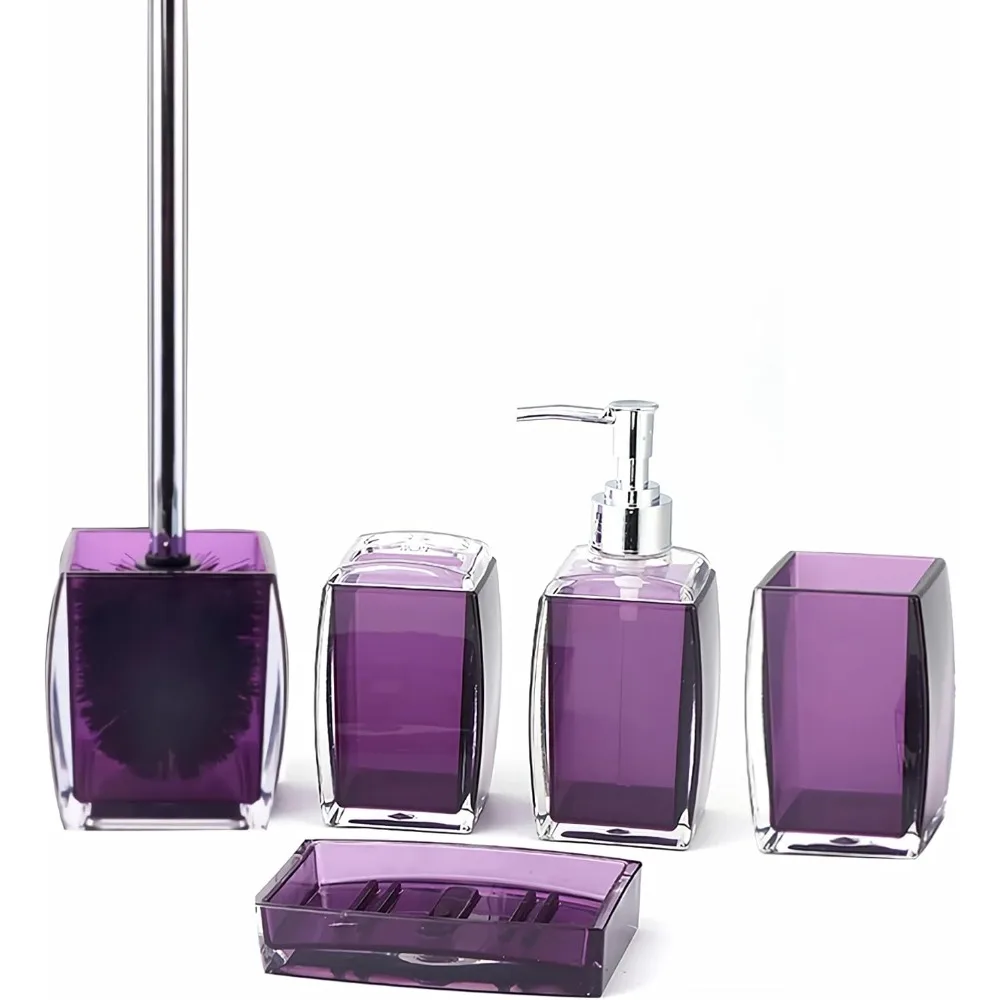 

Комплект из 5 фиолетовых акриловых аксессуаров для ванной комнаты, дозатор лосьона/мыла, мыльница, держатель для зубных щеток, стакан, туалетная щетка a