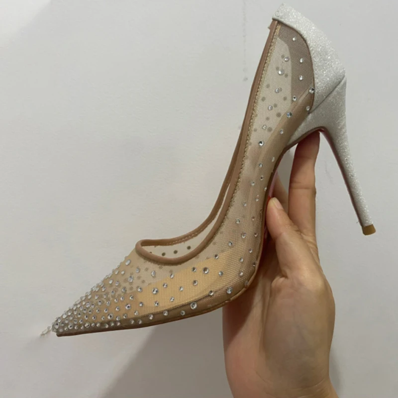 

Mesh Fabric Silver Rhinestone Pumps Luxury Design Woman Sexy Pointed Toe Stiletto High Quality High Heels Wedding Banquet Shoes
