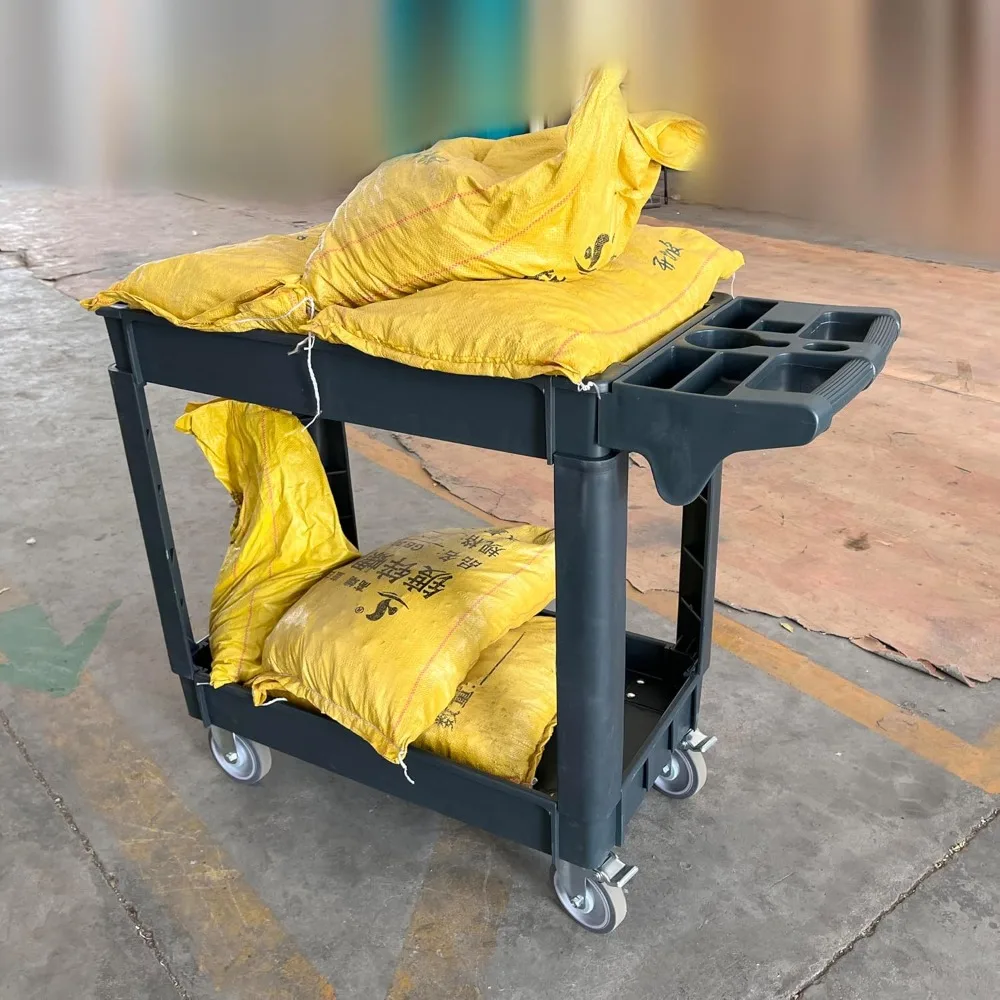 عربة أدوات بلاستيكية شديدة التحمل بوزن 2 رف سعة 500 رطل مع 360 درجة °   عجلات دوارة، أرفف شفاه، مريحة