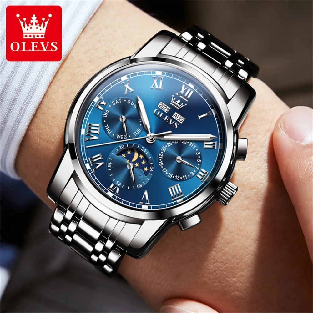 OLEVS New Man Watch Moon Phase orologio meccanico automatico per uomo numeri romani quadrante orologi da uomo antigraffio resistenti all\'acqua