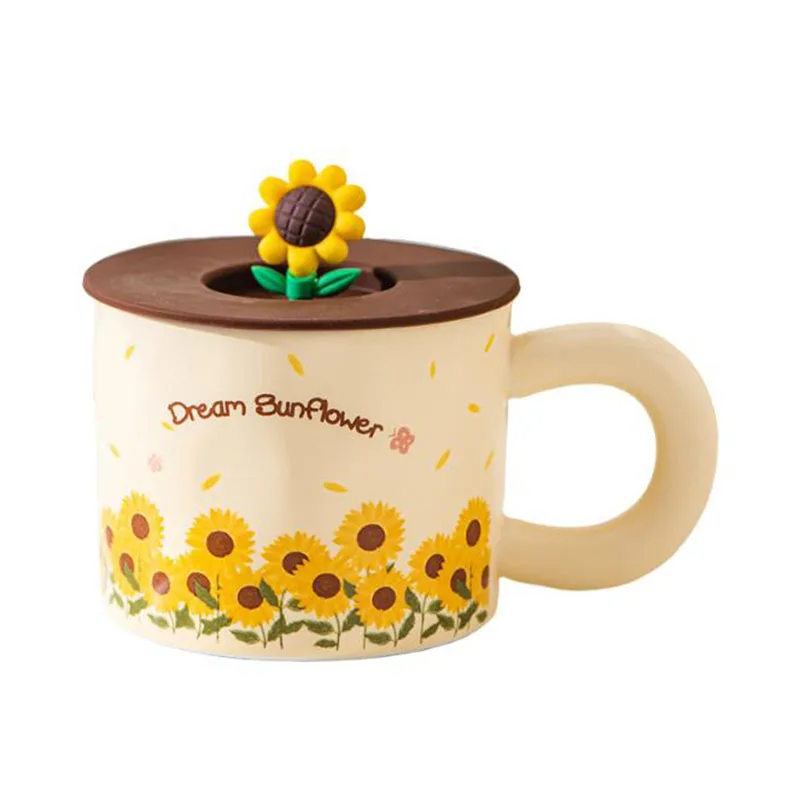 Creative Ceramic Sunflower Lid Breakfast Oats Milk Cup Coffee Mug Offce Household Kitchen Drinkware Water Cup