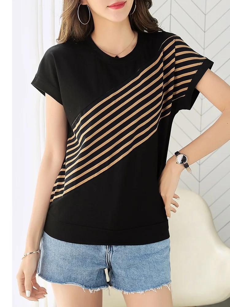 

Lady 2022 Summer Camel Black Slanted Stripes Batwing Sleeve Cotton T-Shirt Women O-Neck Elegant Tshirt Casual Female Fashion Top