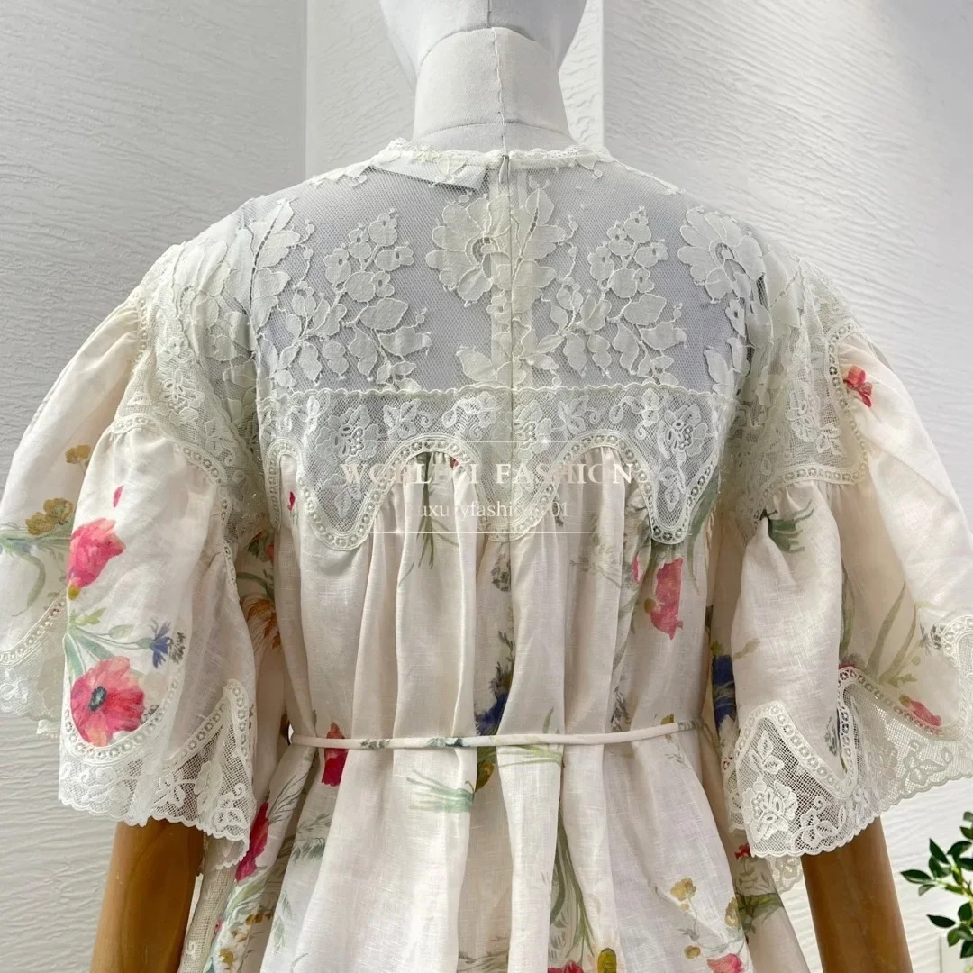 Sweet White Color Linen 2025 High Quality Floral Print Short Sleeve Lace Patchwork Women Mini Dress