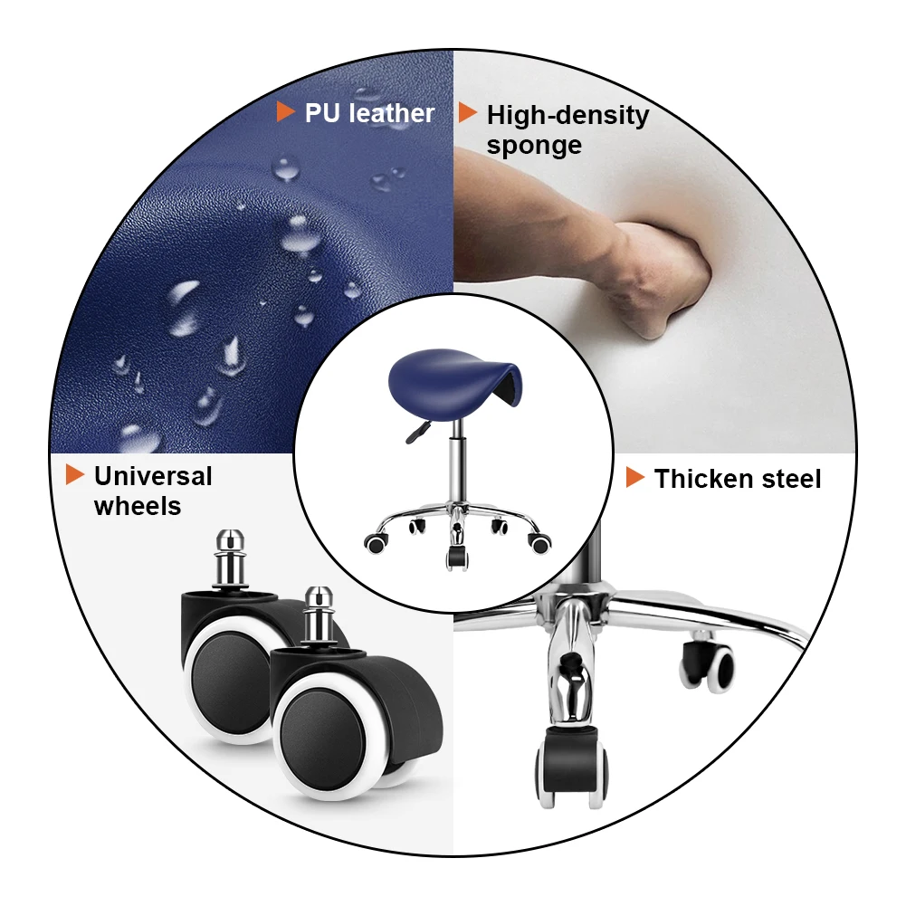 Kktoner Rollende Zadelkruk Pu Lederen Draaibare Verstelbare Rolkruk Met Wielen Salonstoel (Blauw)