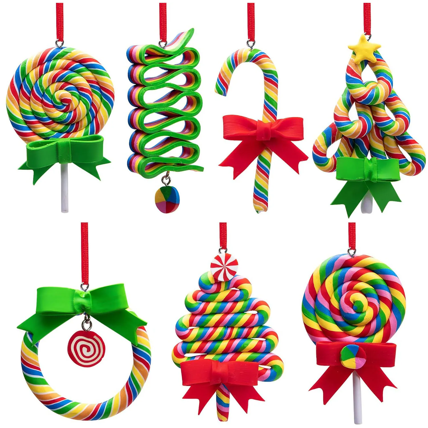 Adornos de piruleta de Navidad, adornos colgantes de piruleta de arcoíris, adorno de arcilla polimérica de caramelos de Navidad para fiesta de árbol de Navidad