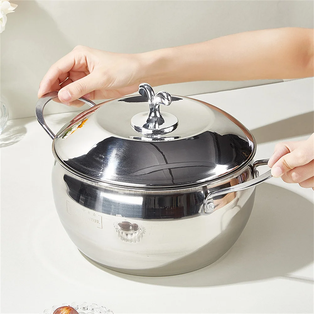 

1pc Stainless Steel Saucepan with Lid, Uncoated Multipurpose Soup Pot, Double Handle Apple Shape, Compatible with Electric Stove