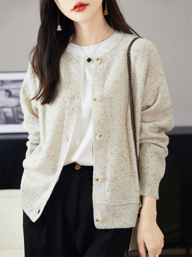 ADDONEE Autumn Winter Women O-neck Cardigan 100% Merino Wool Knitwear Long Sleeve Loose Cashmere Sweater Korean Popular Tops