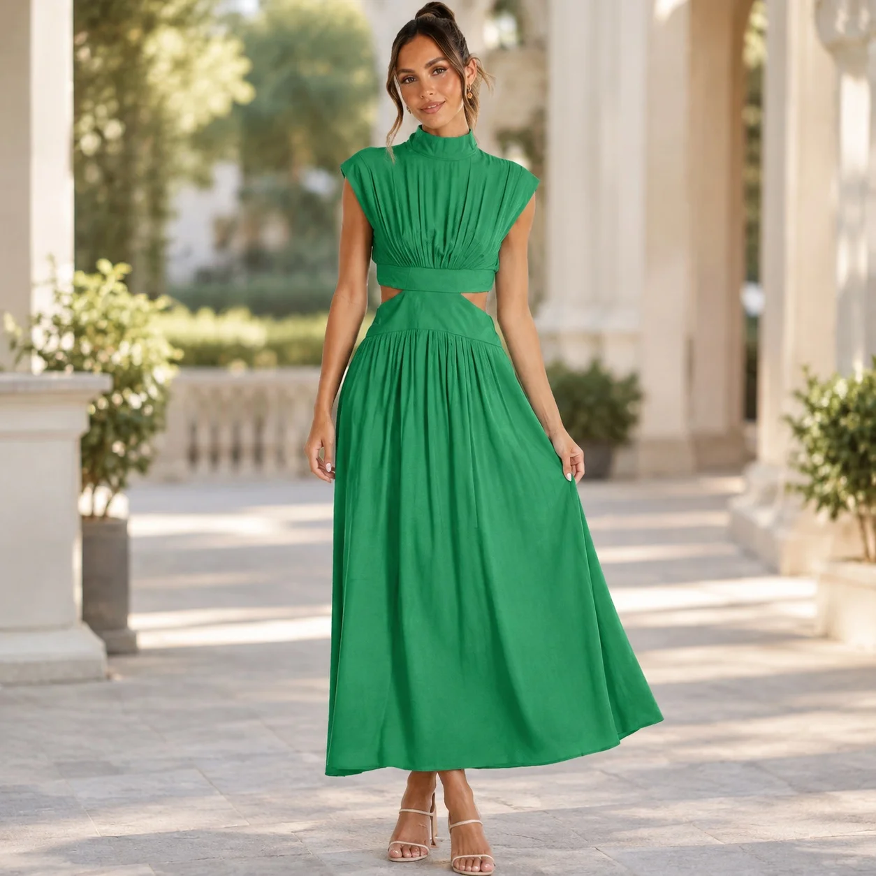 Ruched Dress Stand Collar Sleeveless Sweet with 3D Pattern Zipper Slim Fit Straight Skirt Mid Waist Maxi Length Women Dresses