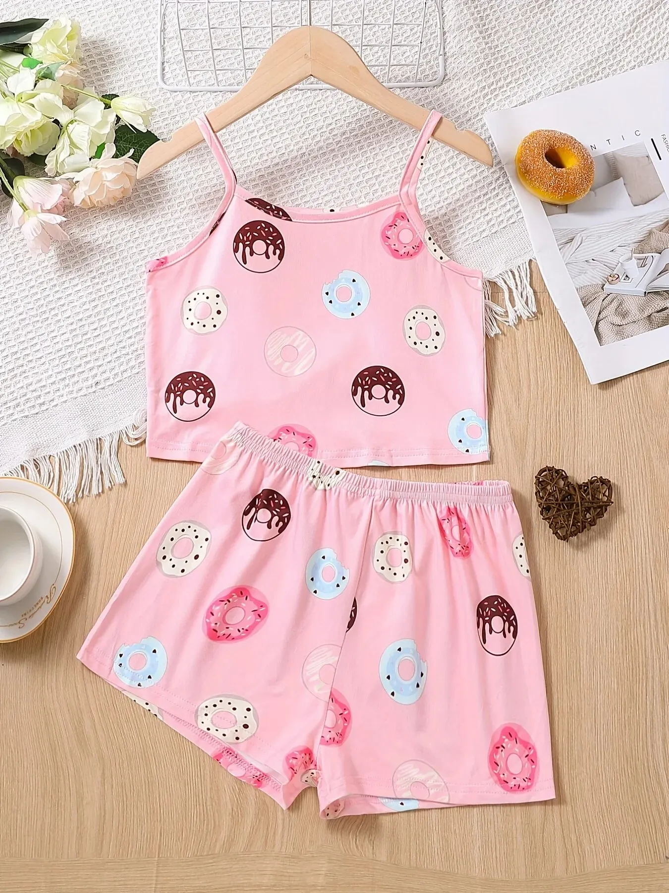 Girls Summer Cartoon Donut Pattern Halter Top And TAll-over Printed Shorts Home Wear Pajamas Casual Light And Comfortable Suit