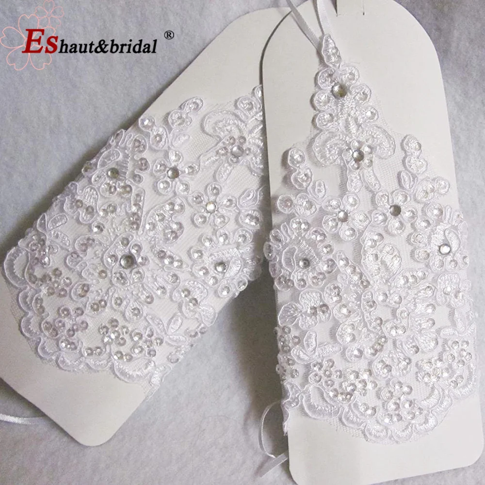 Guantes de novia de diamantes de imitación sin dedos de encaje de párrafo corto de marfil elegante de alta calidad, accesorios sexys para fiesta de boda