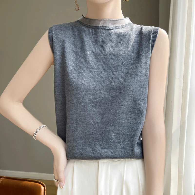 Organza splicing sleeveless vest women's semi-high neck bottoming shirt top worsted wool with knitted short sleeves.