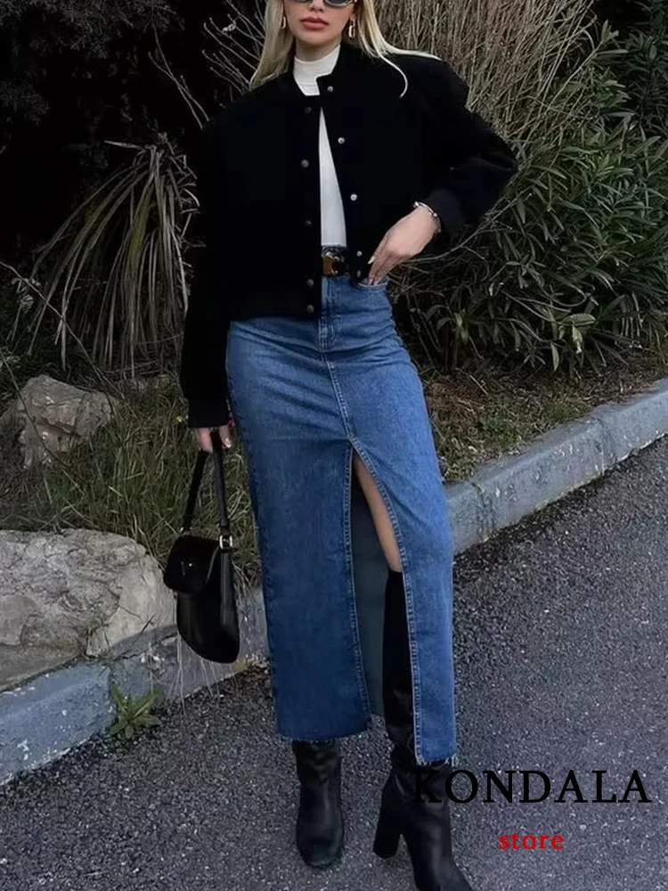 

KONDALA Casual Denim Long Skirts Women High Waist Zipper Front Split Long Skirts Fashion 2023 Summer Pockets Vintage Mujer Skirt