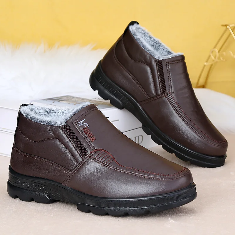Winter Cotton Boots for Warmth, Men's Waterproof Leather Surface, Snow Boots, Wear-Resistant and anti Slip