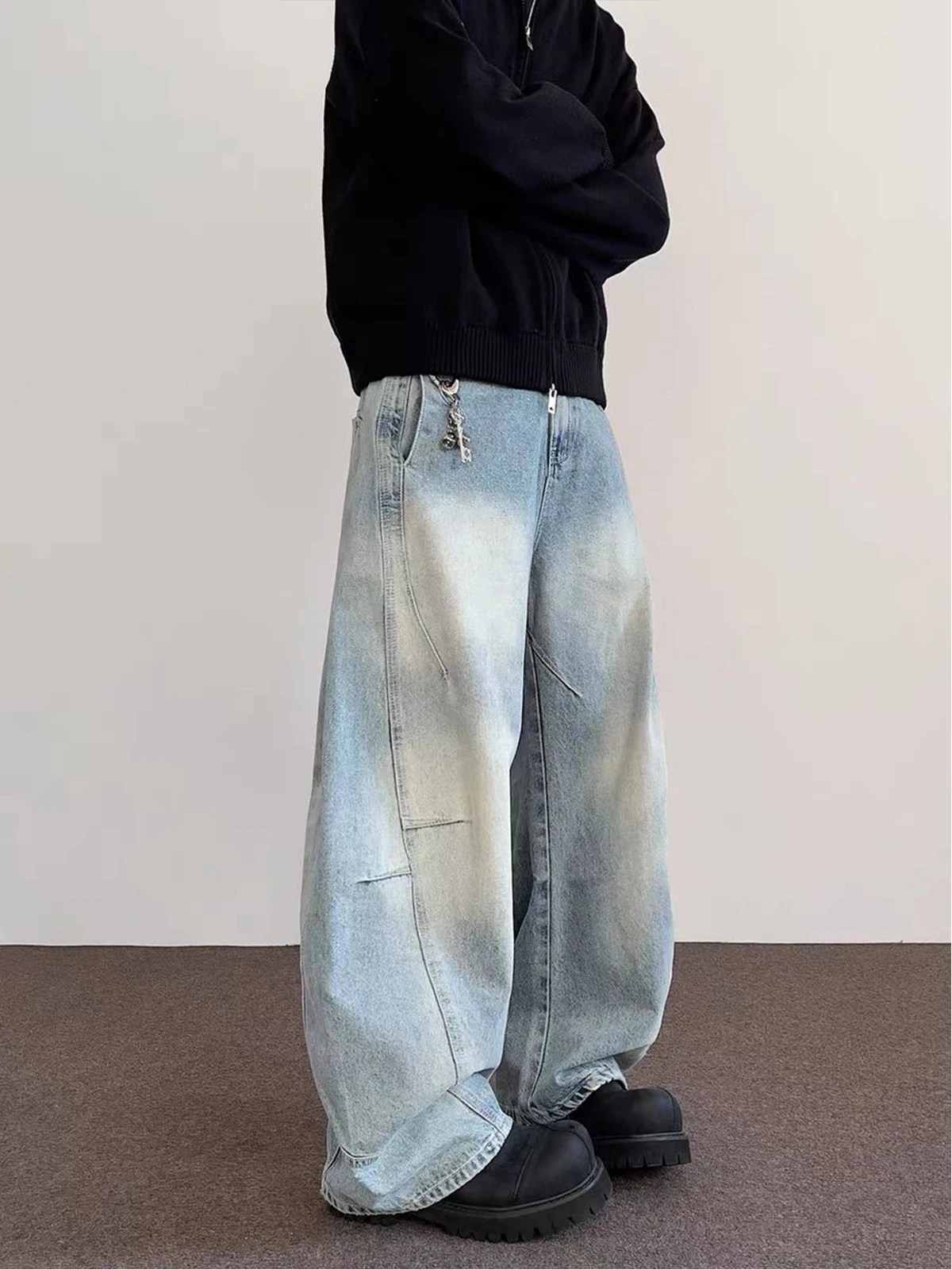 

Мужские джинсы в американском ретро-стиле, прямые, с высокой талией, широкие, с эффектом потертости, повседневные, осенне-весенние брюки