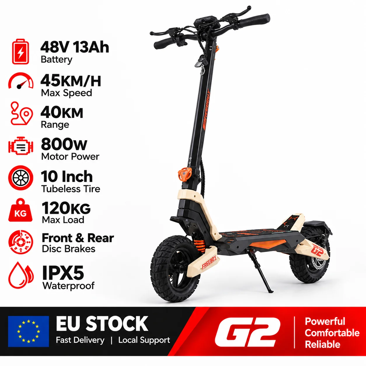 Scooter eléctrico todoterreno FREEBOY, neumáticos sin cámara de 10 pulgadas, autonomía de 40 km, frenos de disco dobles.