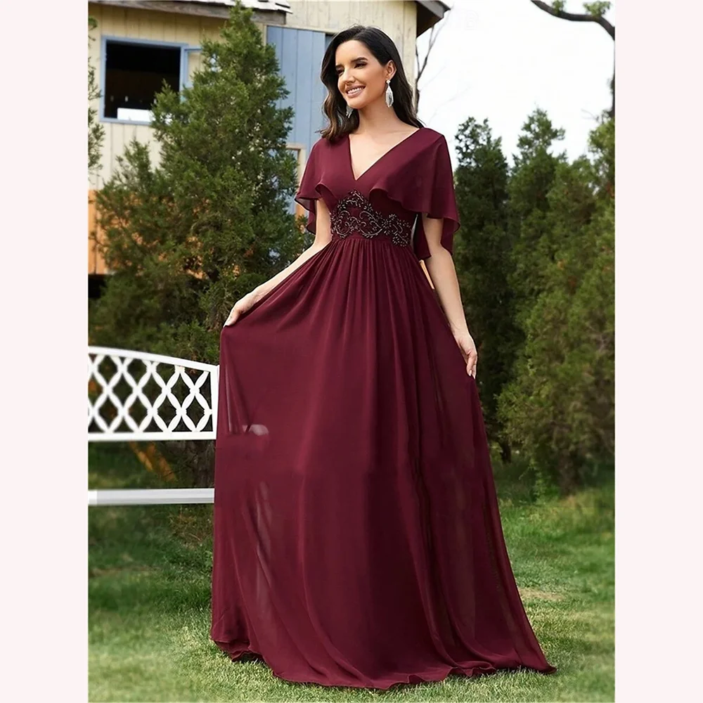 

Customized Short Sleeves V-Neck Evening Dresses Elegant Formal Occasion Prom Gowns A-line 2025 Floor Length Prom Dresses