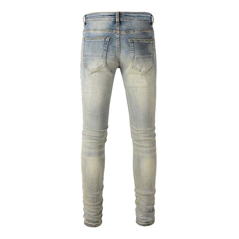 Herren-Jeans mit Riss-Patchwork, Streetwear, Skinny Tapered Hosen, Vintage Stretch-Denim, zerrissene, abgenutzte Hosen – Detail 4