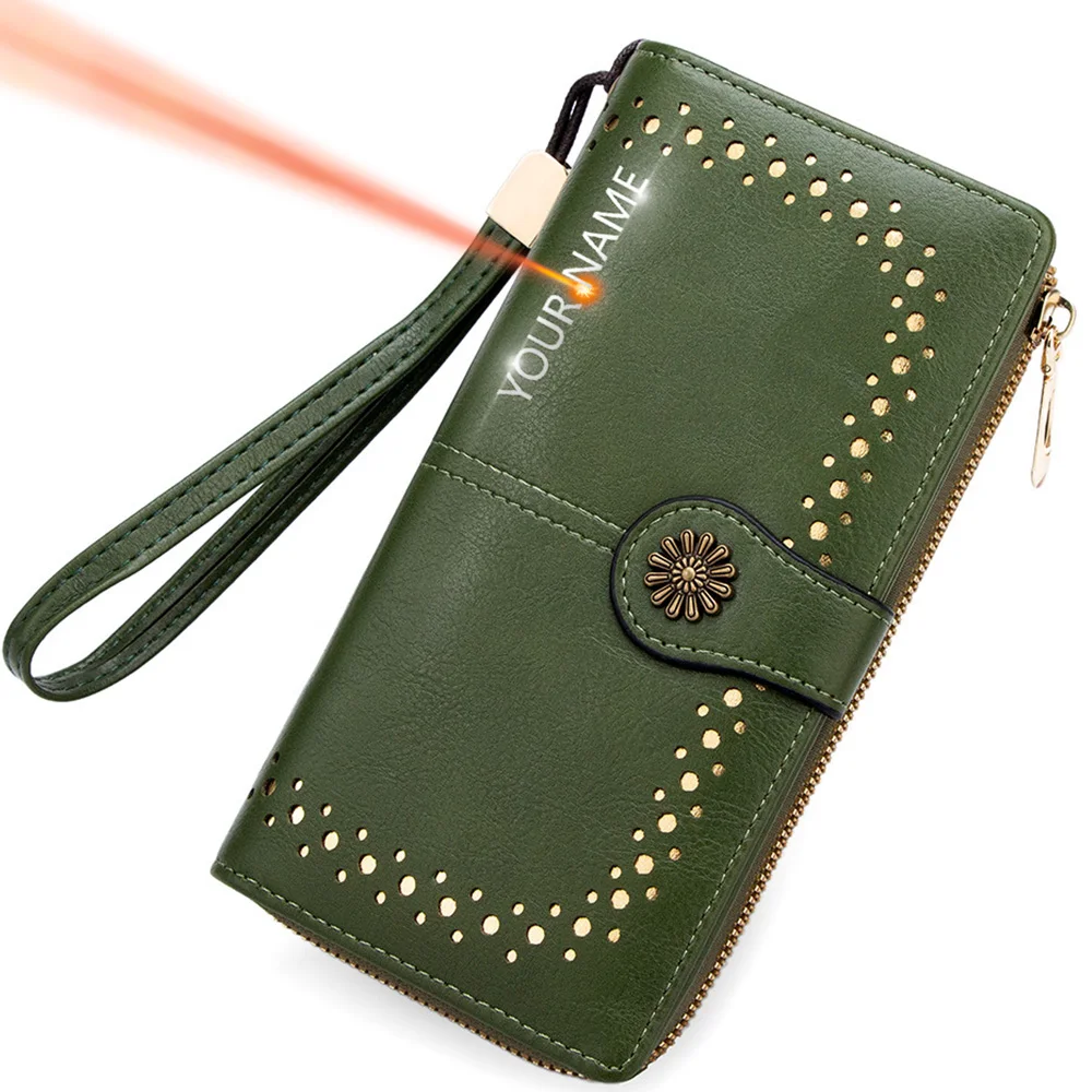 

New Long Women Wallets Phone Pocket Name Engraving Card Clips Big Capacity Female Coin Purses Photo Holder Card Bags For Women