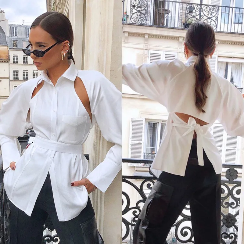 

Cutout Shoulder White Blouse For Women Belted Waist Button Front Turn Down Collar Shirt Long Sleeve Streetwear Tops Elegant Fit