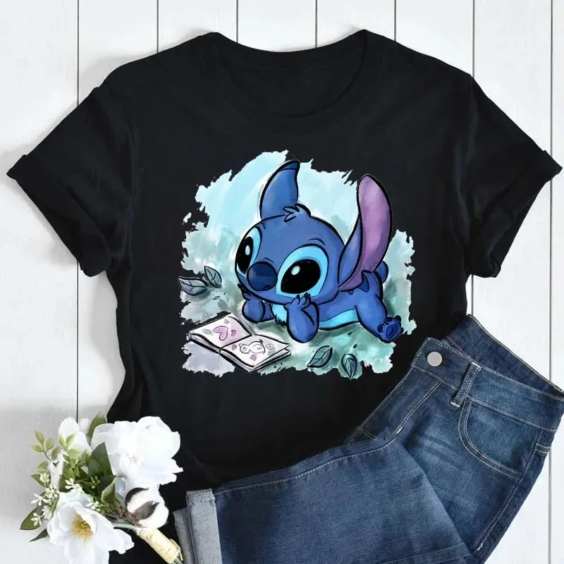 2023 New Disney Women T-shirt Kawaii Lilo Stitch Print Tee Shirts Fashion Short Sleeve T Shirt Female Streetwear Y2k Clothes Top