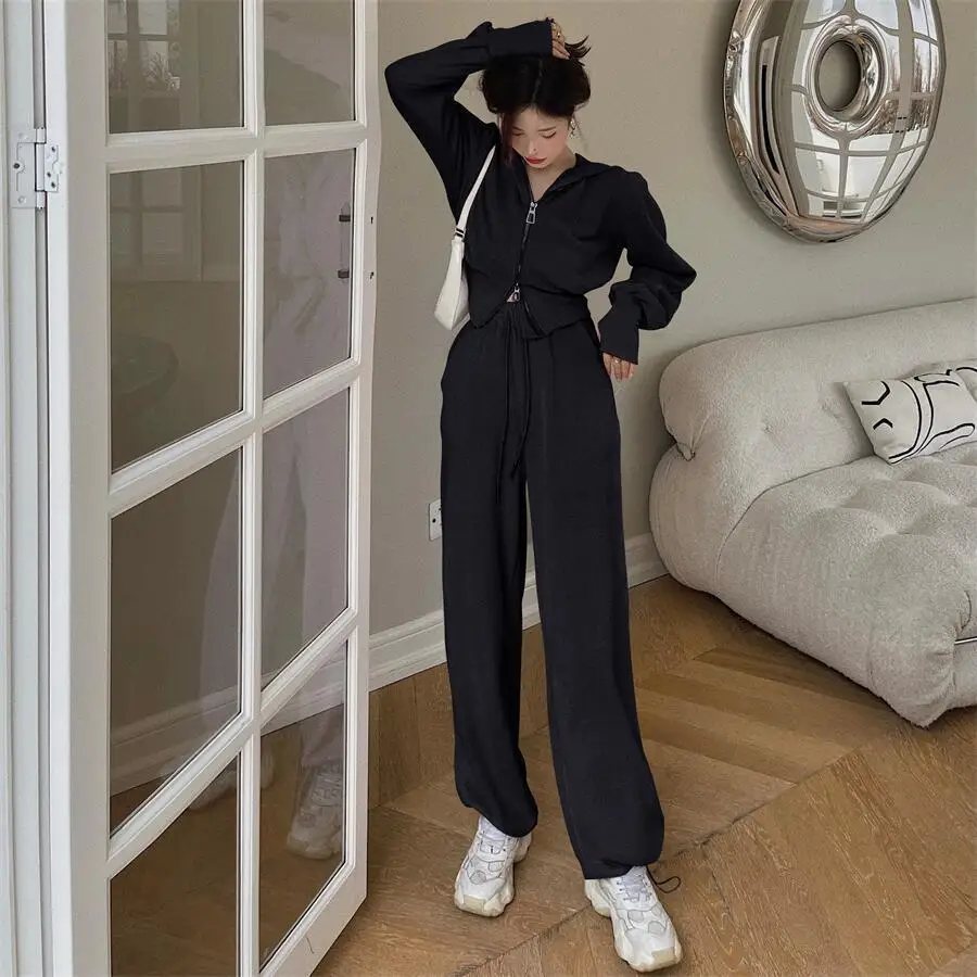Women's Black Hooded Drawstring Waist Tracksuit Loose Wide Leg Pants 2 Piece Set Casual Loungewear Daily Outfits