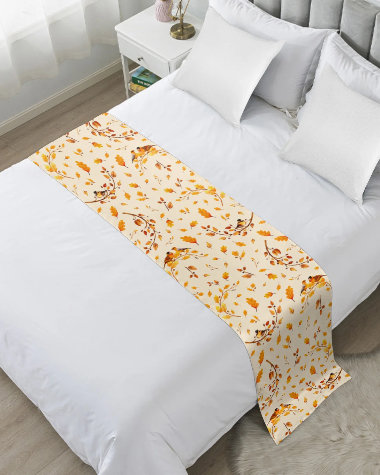 Autumn Leaf Sparrow Tit Bed Runner Luxury Hotel Bed Tail Scarf Decorative Cloth Home Bed Flag Table Runner