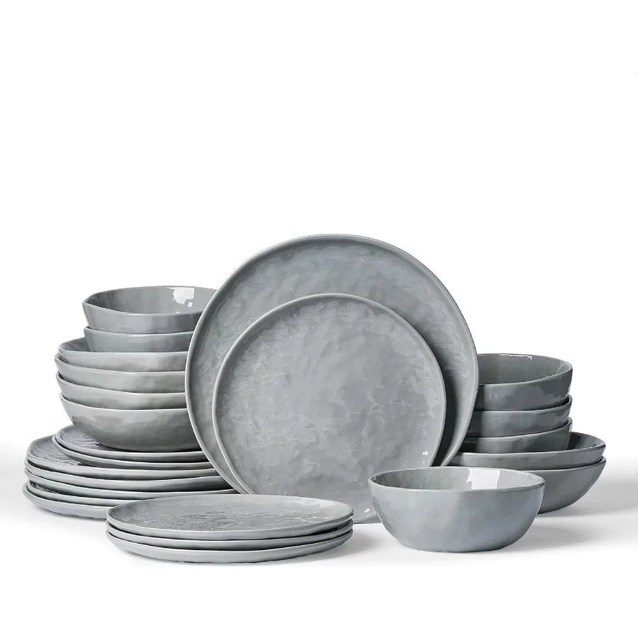طقم أطباق وأطباق مطبخ حديثة من البورسلين تتسع لـ 6 أشخاص أواني طعام مصنوعة يدويًا بحافة مموجة مع ميكروويف أنيق باللون الرمادي ود #1
