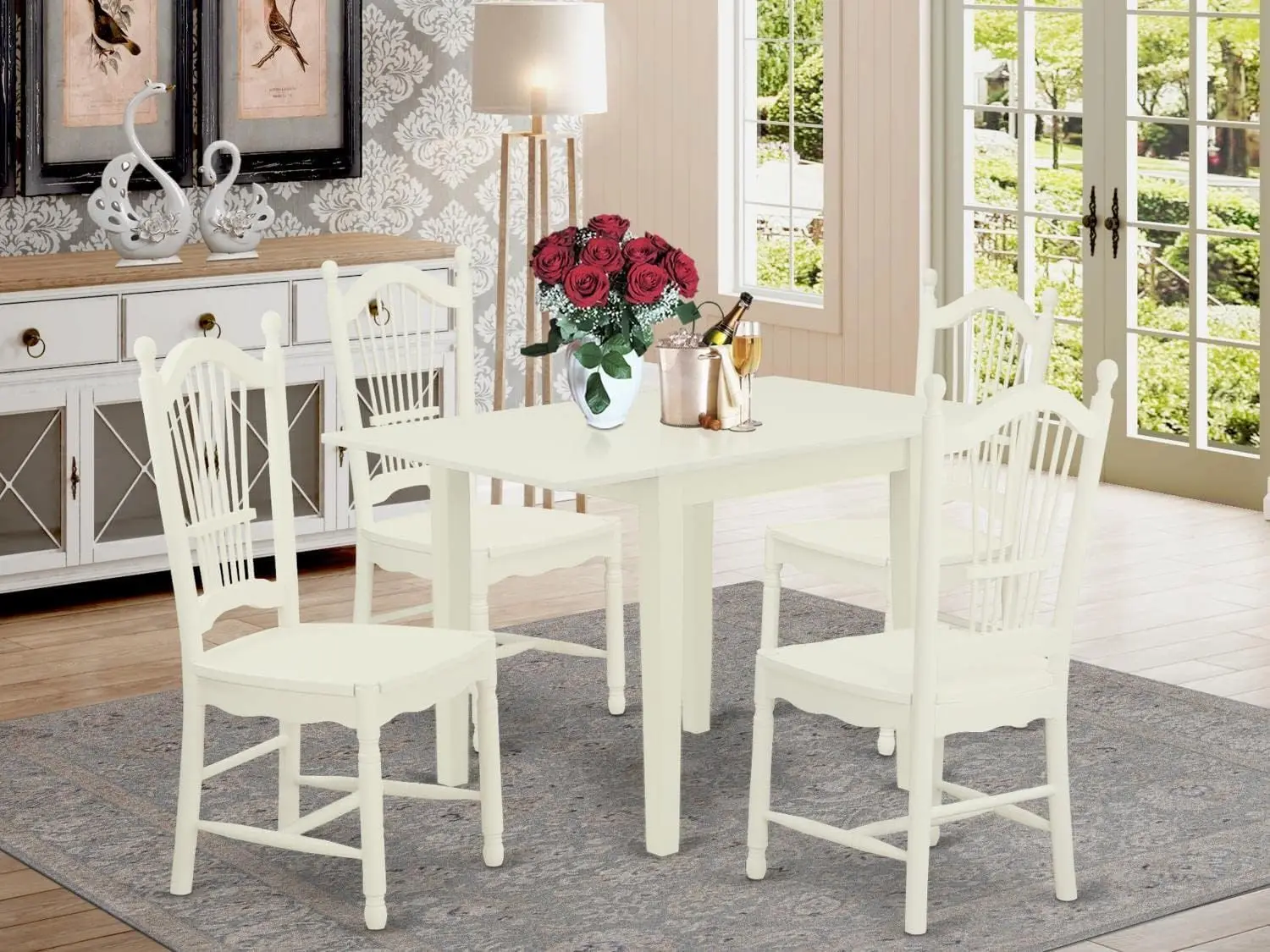 5 Piece Room Set Includes a Rectangle Dining Table with Dropleaf and 4 Wood Seat Chairs, 30x48 Inch, Linen White