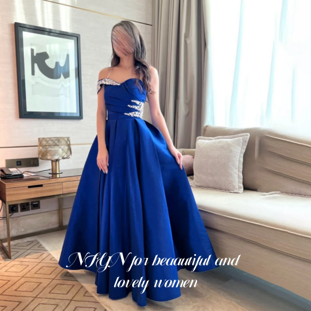

NFYN Royal Blue Elegant Formal Gown Satin Sweetheart One-Shoulder Sleeve Prom Dress Rhinestones A-Line Evening Dress Customized
