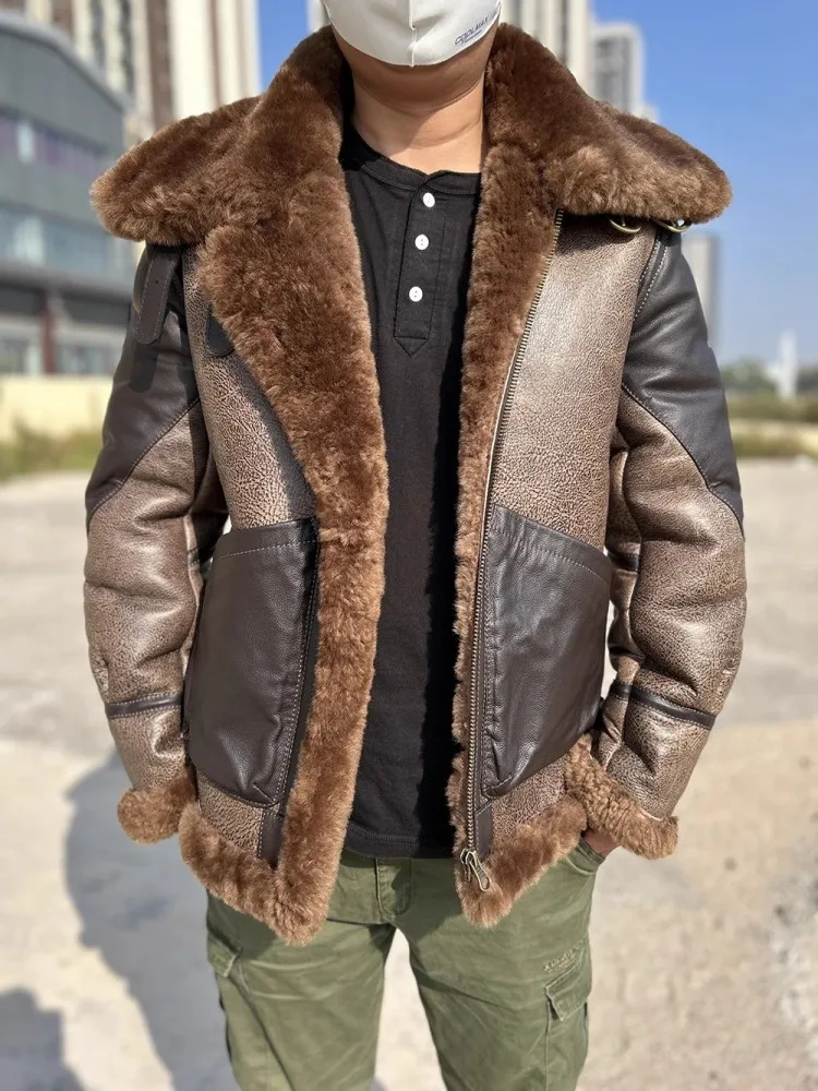 Winter Mens Real Fur Pilot Short Jacket Mixed Colors Thicken Warm Wool Motorcycle Genuine Leather Coat Male Shearling Jackets