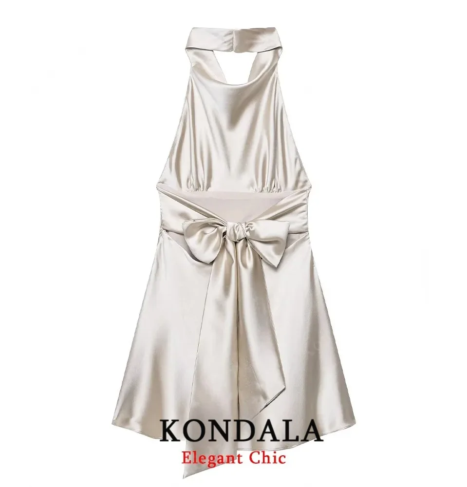 KONDALA Elegante Dame Satijnen Halter Jurk Backless Boog Slanke Mini Jurk voor Vrouwelijke 2025, Lente Zomer Feest Dating Leuke Vrouwen Jurk