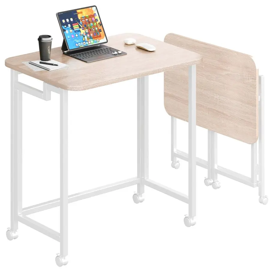 

Small Folding Computer Desk with Wheels Writing Modern Industrial Work Table Laptop for Home Office Natural amp White, 23.6