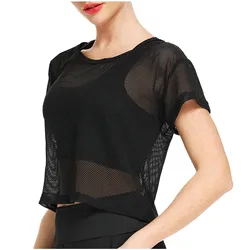 Camiseta de malla transparente para mujer, Jersey deportivo de manga corta, Top corto liso, ropa de otoño