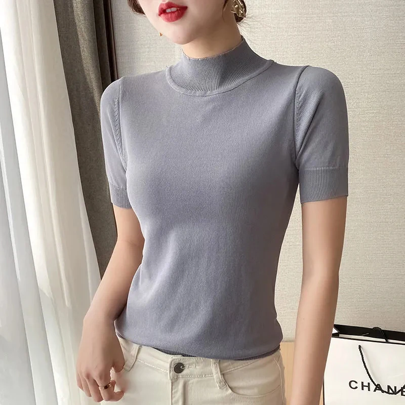 Solid Color Simple Half High Collar Short Sleeve Knitted Sweater Korean Loose Plus Size 3xl Pullover Sweater Women Basic Sweater