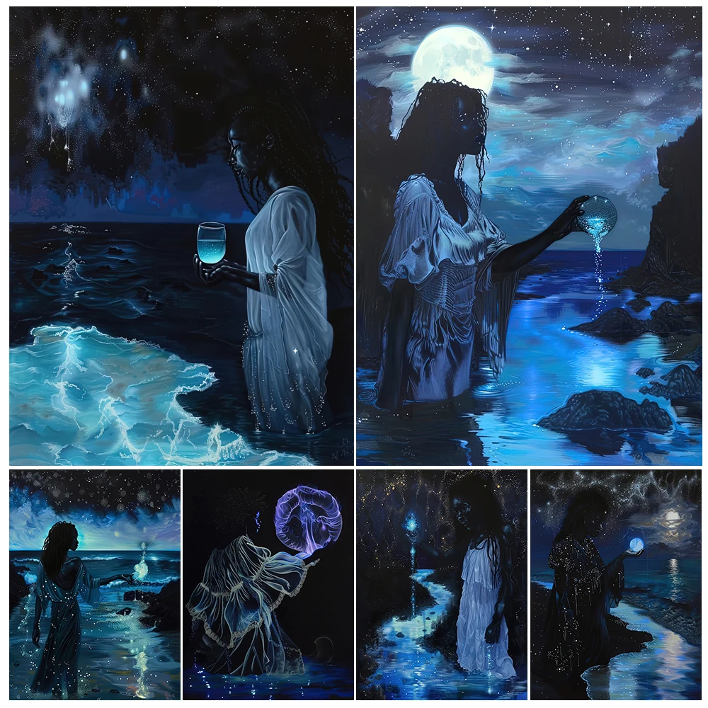 The Night Star River Witch Abstract Wall Art Anvas Painting,Pagan Witchcraft Fantasy Art Poster And Print Home Decor Unframed
