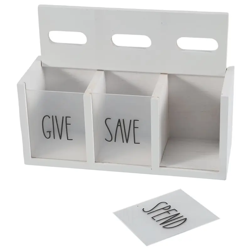 Wooden Give Save Spend Money Saving Box For Kids, Countertop Kid Piggy Bank For Daily Cash, Wall-Mount Kids Bank Durable White E