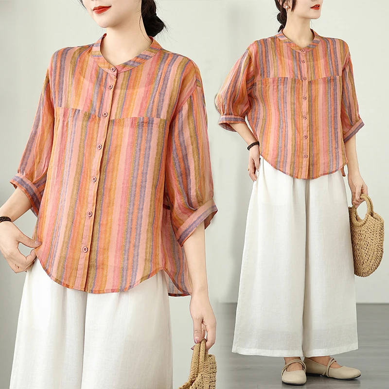

Mixed Cotton Linen Oversize Thin Shirt Small Button Sleeve Lantern Five Sleeve Striped Comfortable Breathable Loose Fit Women...