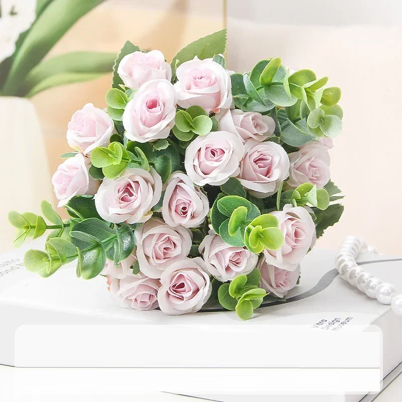 Artificial Flowers Cafe Decor Silk Roses Bouquet Simulation Flower Red Drunken Concubine Rose Eucalyptus Leaf Room Decoration