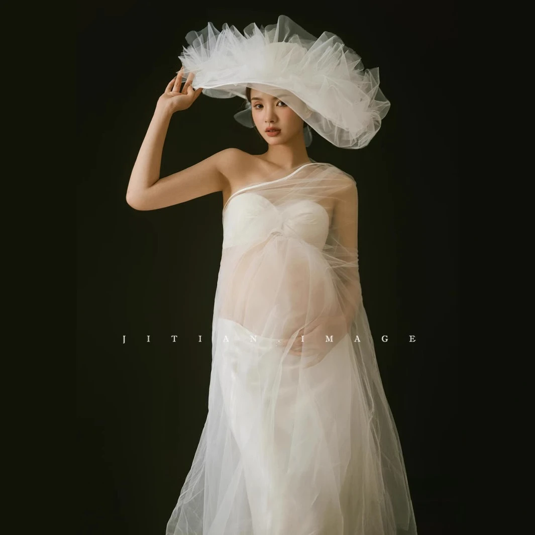 Women Elegant Maternity Photo Shoot Outfit Set Pure Style White Tube Top Skirt with Veil 3pcs Set for Stunning Photo Shooting