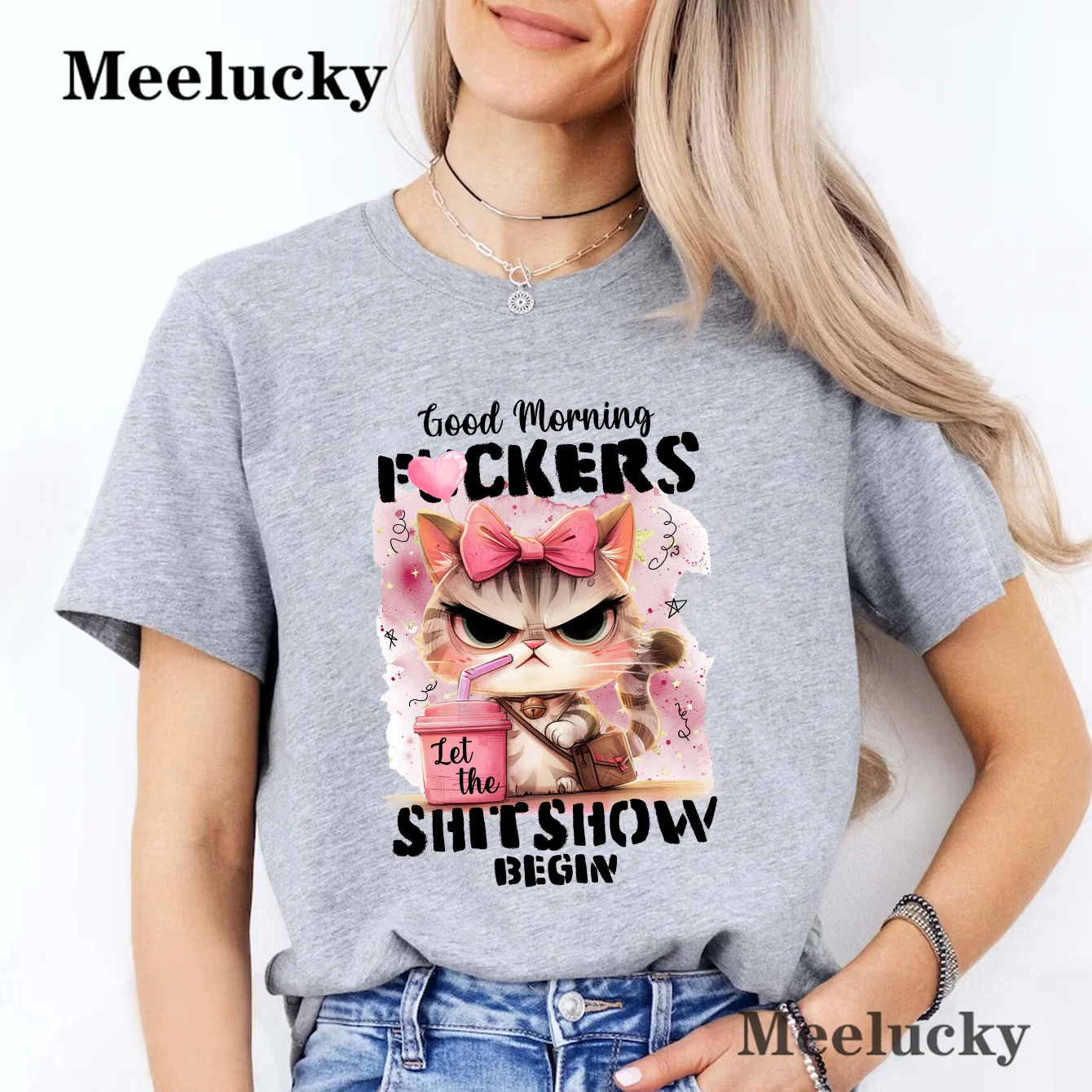 

Humor Animal Quotes Neck Crop Tops Cat Print T shirt Leisure Pure Cotton Summer Short Sleeve