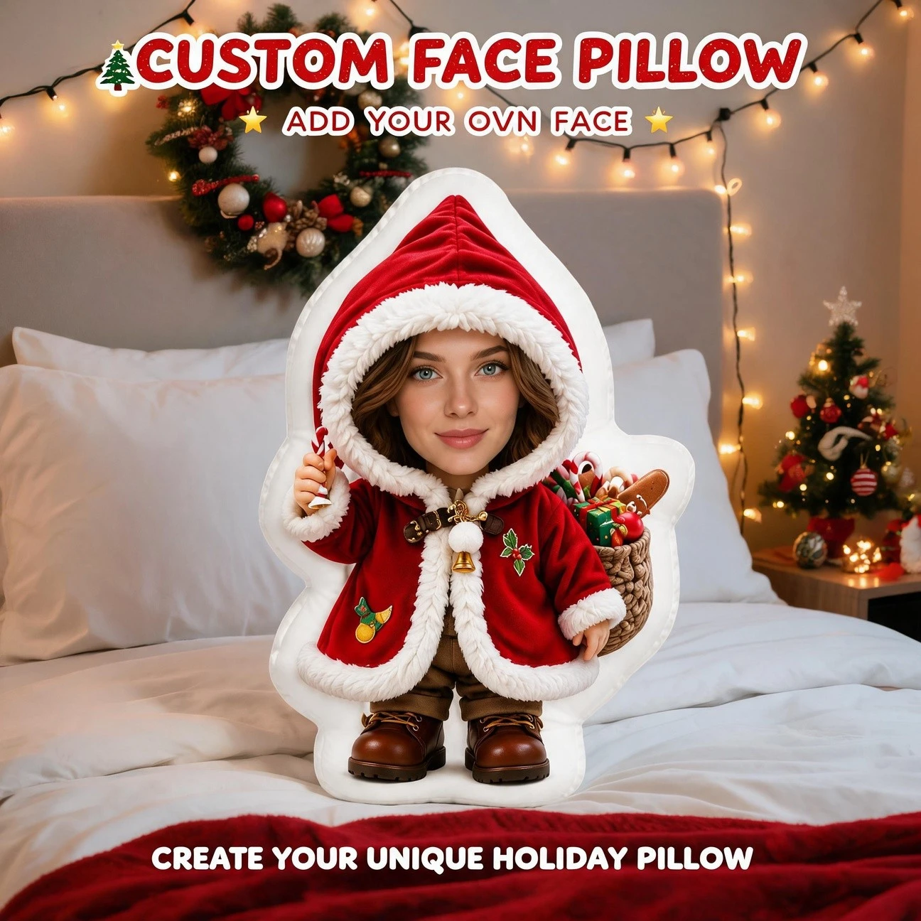 Custom Personalized Photo Face Pillow, Red Christmas Outfit Custom Shaped Decorative Cushion, Unique Home Decor Accent for Sofa