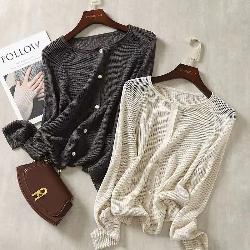 Summer Women Sweater Hollowed Long Sleeves Thin Soft Fashion Lady Sweaters  Loose Single Breast