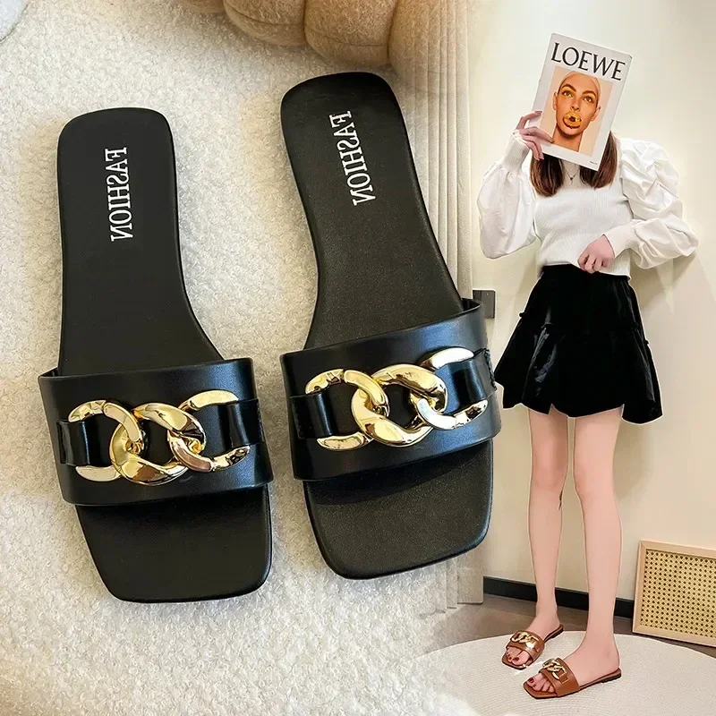 

Summer Fashion Modern Slippers Women Flat Pleated Solid Leather Chain Decoration Rubber Sole Sexy Slides Ladies Summer Footwear