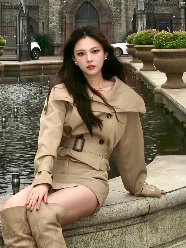 

Женское укороченное двубортное пальто-жакет с утяжкой на талии, осенний модный комплект, стильное для повседневной носки, из полиэстера, приталенное, повседневное