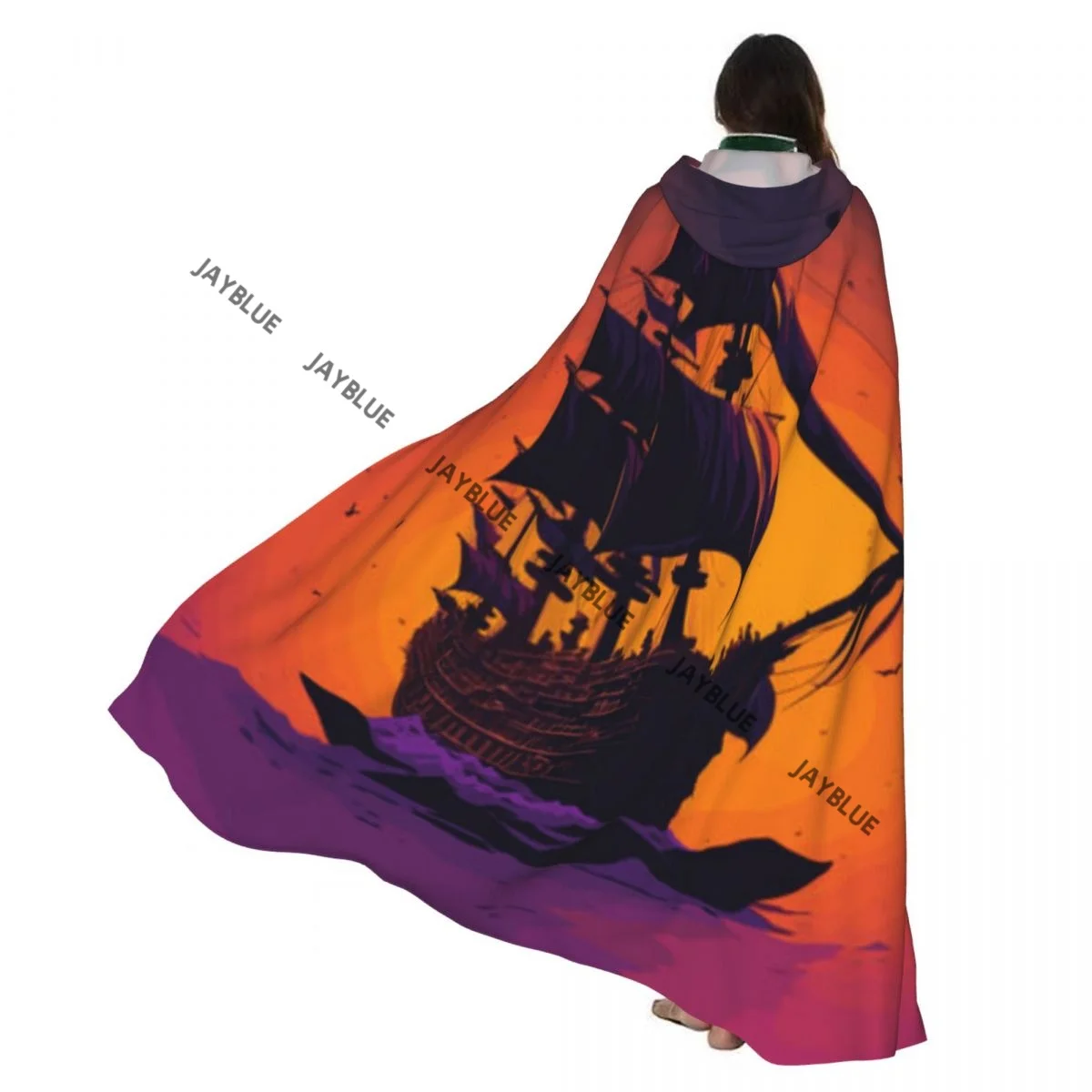 Bateau de vela en el mar al atardecer capa con capucha poliéster unisex capa de bruja accesorio de disfraz