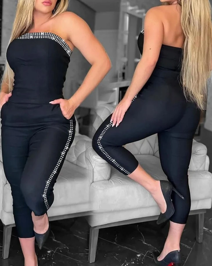 Jumpsuit wanita 2024 mode musim panas berlian imitasi dekorasi Bandeau tanpa lengan seksi Backless desain saku Skinny harian Jumpsuit panjang