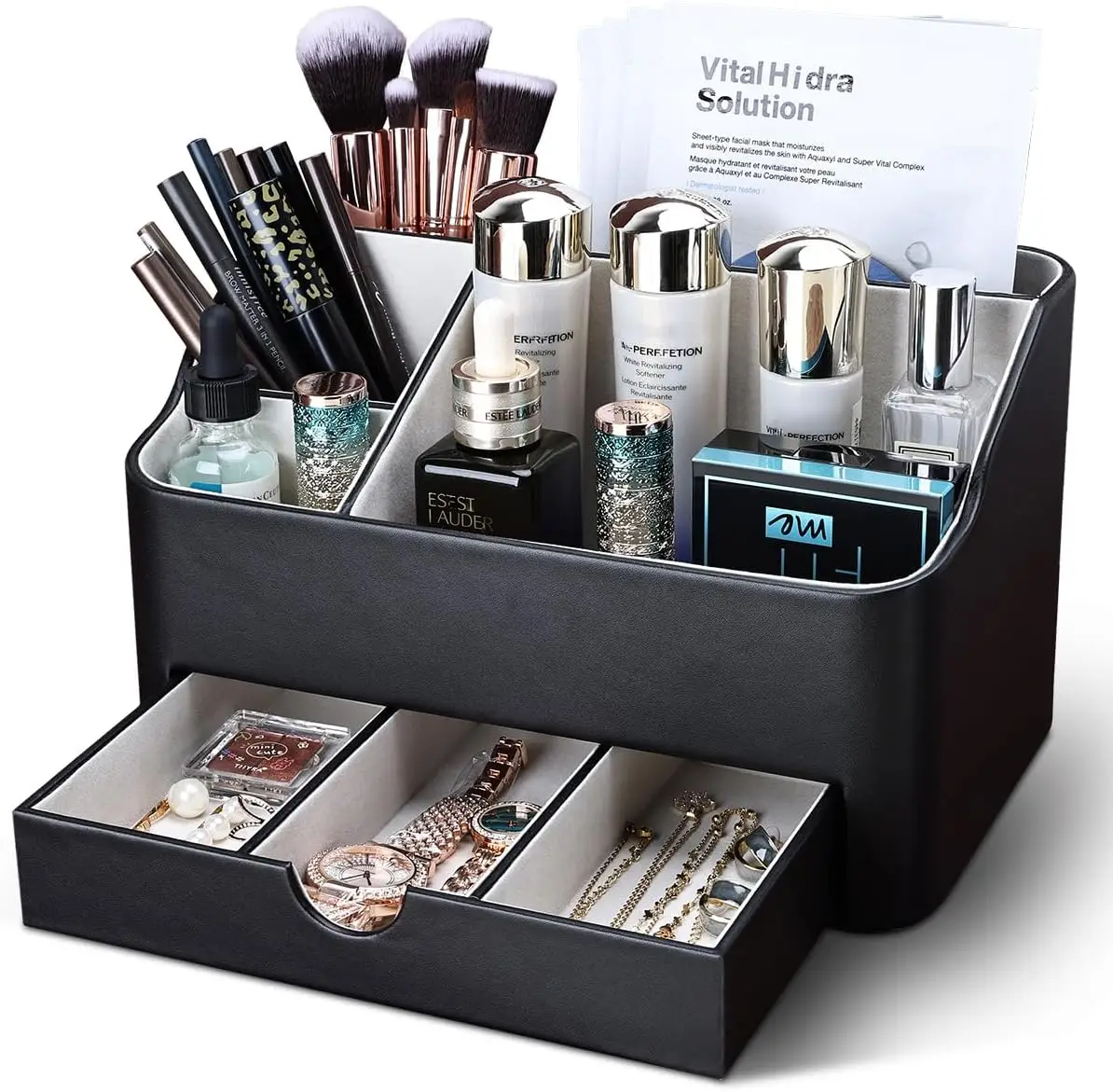 

Leather Makeup Organizer with Drawer, Cosmetic Storage for Dresser Countertop Bathroom Vanity, Beauty Holder Black