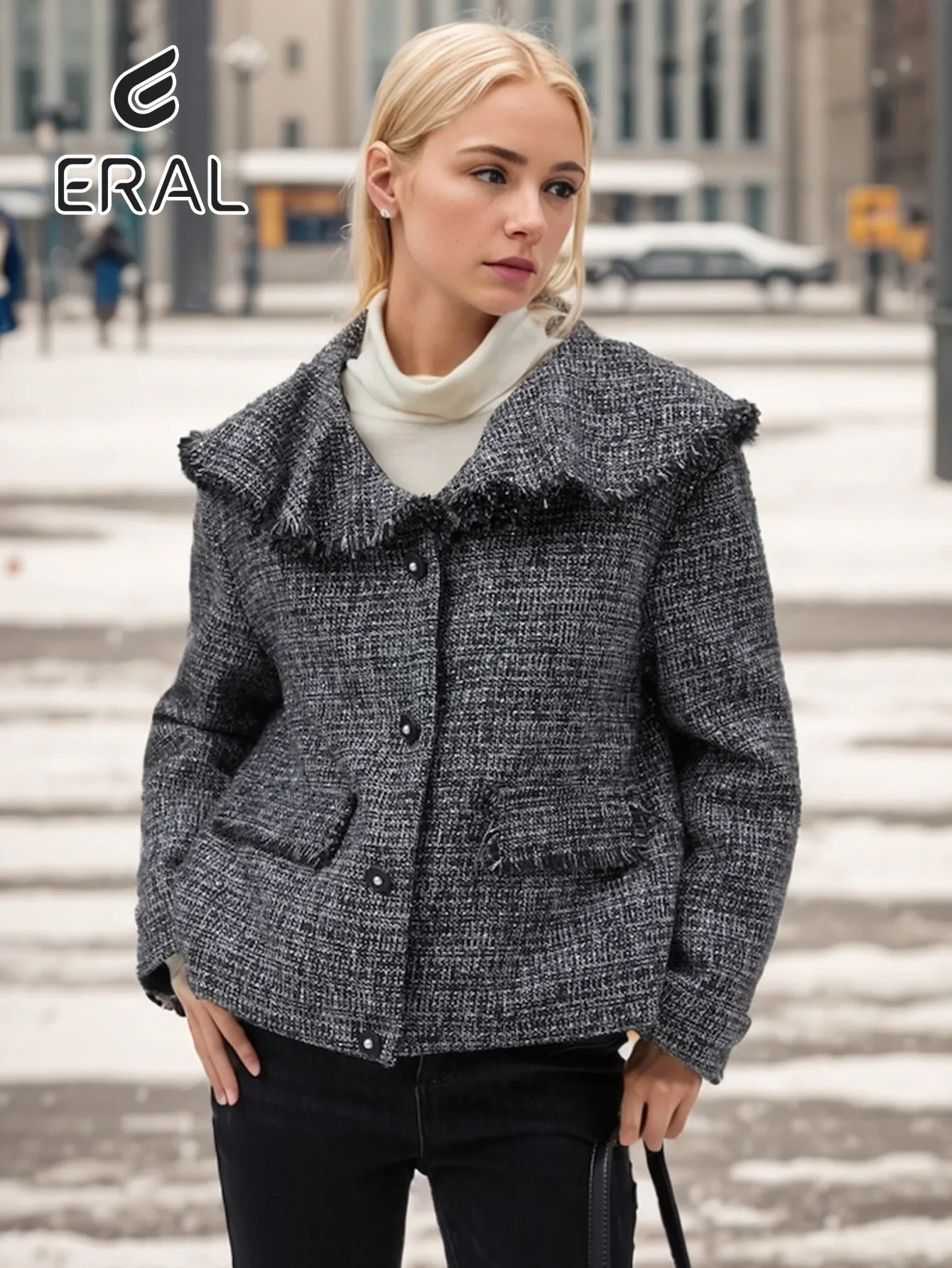 Eral Women's jacket small fragrance style fit version shawl knitted pockets urban commuting daily wear polyester fiber